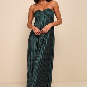 Lulus Whimsical Beauty Emerald Green Satin Plisse Strapless Maxi Dress - Size M